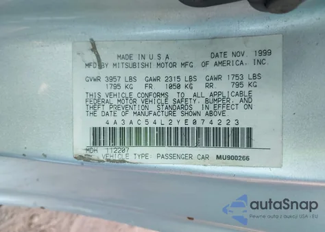 2000 Mitsubishi Eclipse Gt z USA, uszkodzony, nr VIN 4A3AC54L2YE074223